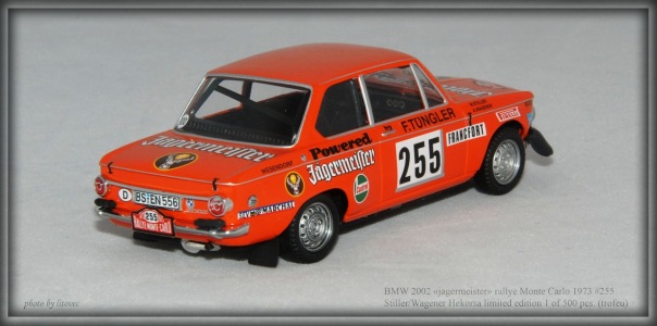 BMW 2002 «jagermeister», rallye Monte Carlo 1973, #255 Stiller/Wagener, Hekorsa limited edition 1 of 500pcs. (trofeu)